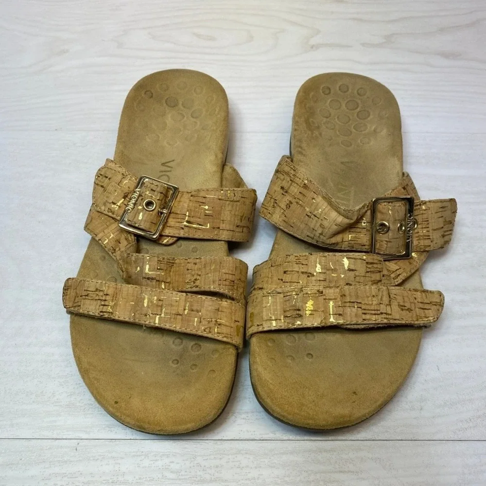 Vionic Womens 7 Skylar Slide Sandals Cork Gold Metallic Orthotic Comfort Buckle